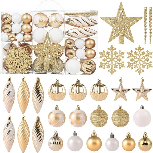 100ct Assorted Christmas Ball Ornaments Set,Shatterproof Seasonal Christmas Tree Decorations with Reusable Gift Package for Xmas Holiday Wedding Party and Home Decor (Gold)