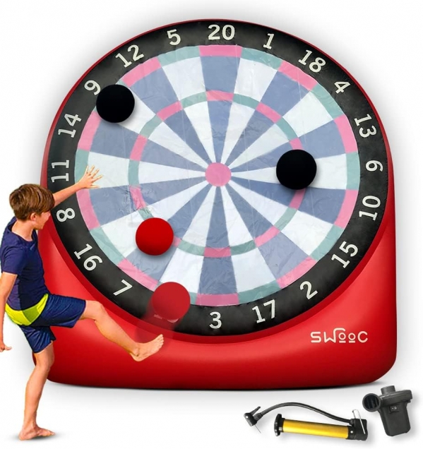 SWOOC Games - Giant Kick Darts (Over 6ft Tall) with Over 15 Games Included - Giant Inflatable Outdoor Dartboard with Soccer Balls, Air Pump & Score Card - Jumbo Foot Darts Game with Big Target (Red)