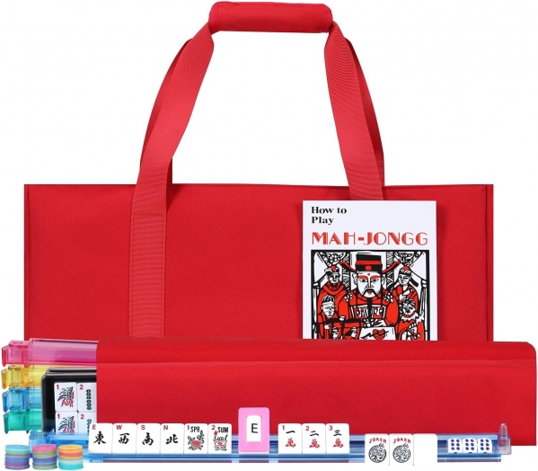 Complete Mahjong Tile Set, American Mah Jongg Sets, Beautiful Mah Jong Game Set, Mahjong Party Supplies with Color Rack & Carrying Bag Dice, for Travel Home Party (Red Bag)