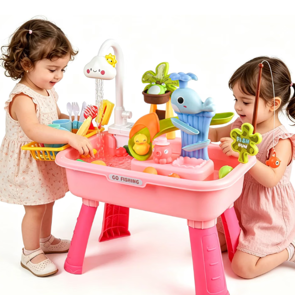 2025 Upgraded Water Table for Toddlers 1-3 with Electric Water Pump, Sand and Water Table Toys for Outdoor Play, Kids Kitchen Playset Sink Toy for Girl Boy 3 4 5 6 7 8, Orange&Green