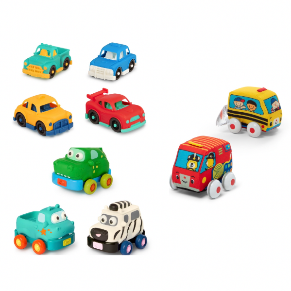 B. Toys by Battat - Mini Pull-Back Vehicles Set, Bus & Cars, Multi, 3Pc Hot Rod, School Bus, Police Car