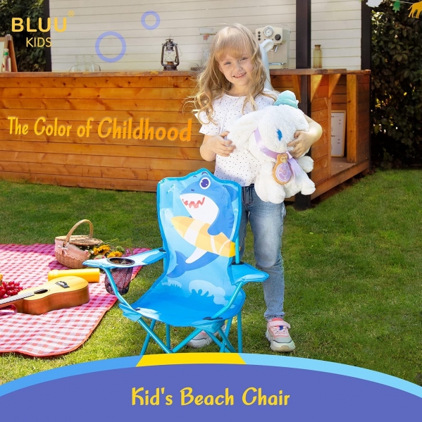 Bluu Kids Outdoor Folding Beach Chair Camping Chairs for Children with Mesh Cup Holder | Safety Lock | 600D Thick Fabric & Backpack (Blue Shark)