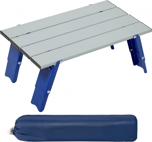 PORTAL Folding Aluminum Retractable Legs Carry Bag Included, Mini Table for Picnic Camping Outdoor Beach, Silver/Blue
