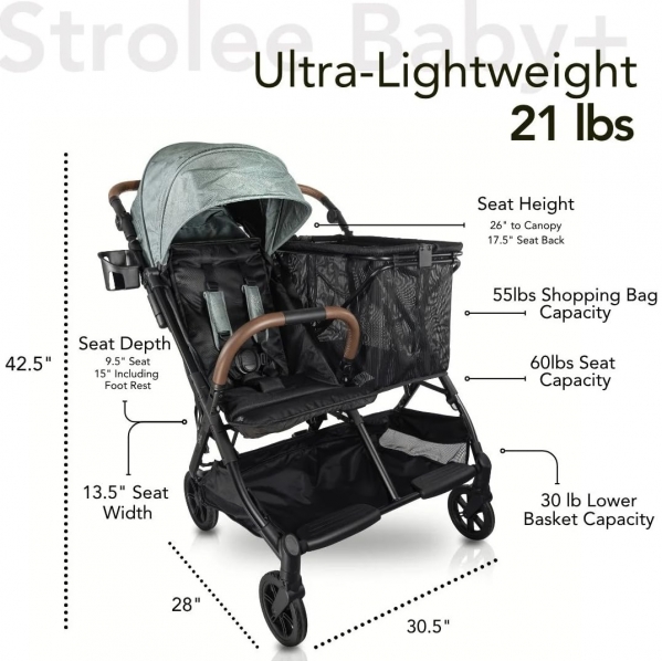 Strolee Baby+ v2 Multi Use Baby & Toddler Stroller & Removable Personal Shopping Bag Lightweight Alternative for Wagon Strollers -Near Flat Recline, X-L Canopy, Parent Cup Holder (v2 Black)