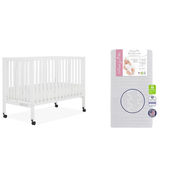 Dream On Me Quinn Full-Size Folding Crib in White, Removeable Wheels, Modern Nursey & Honeycomb Orthopedic Firm Fiber Standard Baby Crib Mattress