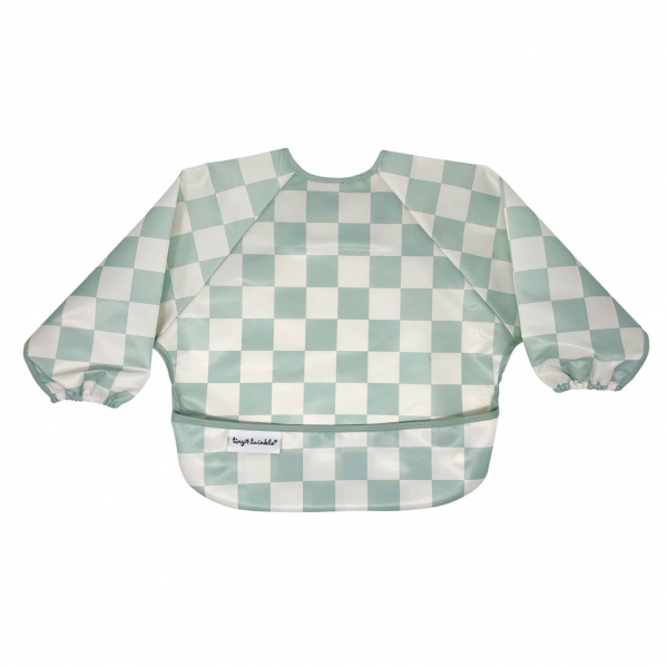 Tiny Twinkle Mess Proof Baby Bib, Cute Full Sleeve Bib Outfit, Waterproof Bibs for Toddlers, Machine Washable, Tug Proof, Baby Smock for Eating, Long Sleeved (Checkers Sage, Large 2-4 Years) Large 2-4 Years Checkers Sage