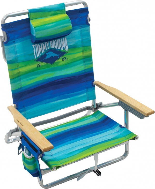 Tommy Bahama 5-Position Classic Lay Flat Folding Backpack Beach Chair Blue and Green Stripe