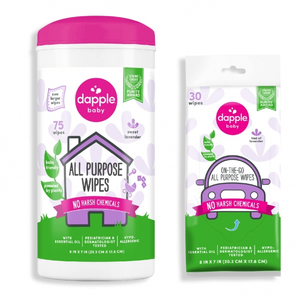 dapple All Purpose Wipes Baby, Hint of Lavender, 75 Count Canister + 30 Count Pouch - Plant Based & Hypoallergenic Cleaning Wipes