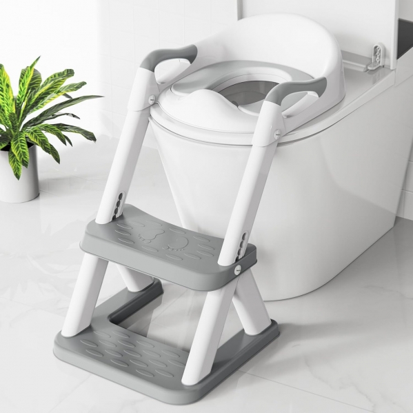 Potty Seat,Potty seat for Toilet with Step Stool Ladder,SKYROKU New Triangular Stabilized Base 2-in-1 Toddler Toilet Seat with Splash Guard, Anti-Slip Pad, and Step Stool (Grey) 8868-elegant Gray