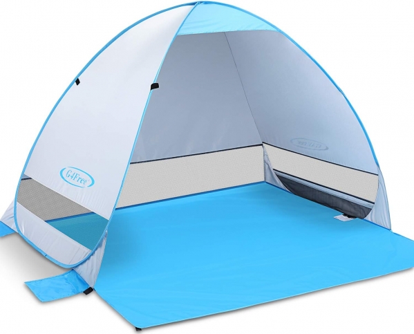 G4Free Large Pop up Beach Tent for 3-4 Person, UPF 50+ Automatic Sun Shelter Canopy Portable Outdoor Cabana Sun Umbrella B-Silver With Extendable Floor