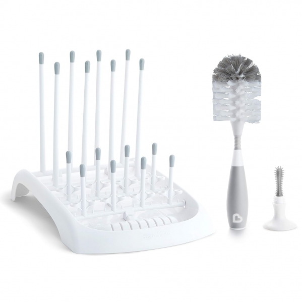 Munchkin Baby Bottle and Sippy Cup Cleaning Set, Includes Countertop Drying Rack and Bristle Bottle Brush, Grey Gray