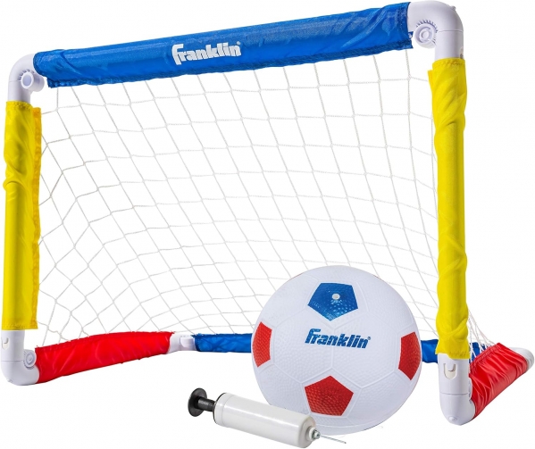 Franklin Sports Kids Mini Soccer Goal Sets - Backyard + Indoor Mini Net and Ball Set with Pump - Portable Folding Youth Soccer Goal Sets for Kids + Toddlers - 24" x 16" Red/Blue/Yellow