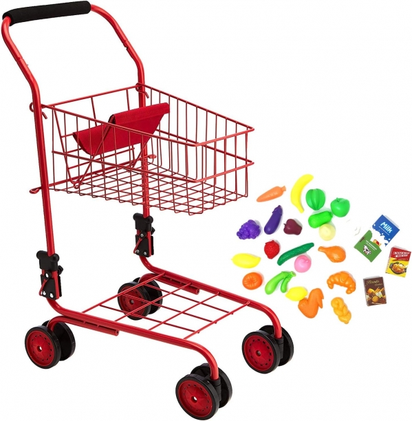 Toy Shopping Cart for Kids and Toddler - Includes Food - Folds for Easy Storage Metal Frame