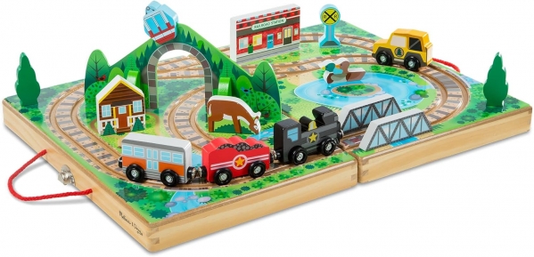 Melissa & Doug 17-Piece Wooden Take-Along Tabletop Railroad, 3 Trains, Truck,Play Pieces, Bridge