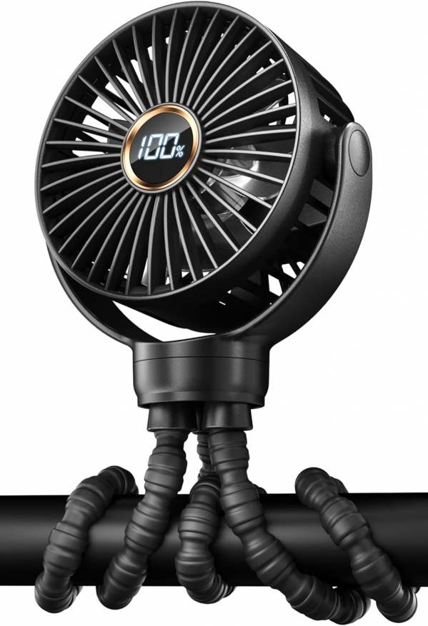 Mini Stroller Fan, Portable Baby Fan Battery Operated, LED Display with 3 Speeds, Small Clip on Fan Desk Fan USB Rechargeable, Personal Handheld Fan for Outdoor Travel, Children Gift Black