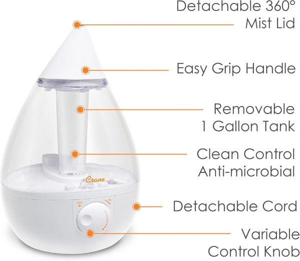 Crane Drop Ultrasonic Cool Mist Humidifier Filter Free 1 Gallon 500 Sq Ft Coverage for Plants Home Bedroom Baby Nursery and Office, Clear and White