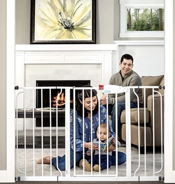 Regalo Easy Step 49-Inch Extra Wide Baby Gate, Includes 4-Inch and 12-Inch Extension Kit, 4 Pack of Pressure Mount Kit and 4 Pack of Wall Mount Kit White