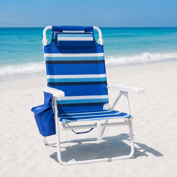 TLSUNNY 25" W Low Beach Chair for Adults W/5-Position Lay Flat & Cooler Pouch, Folding Backpack Beach Chair W/Headrest, Storage Bag, Towel Bar, Foot Mat, for Camping,350LBS(2, Blue/White, 8.9″) 8.9″ Blue/White 2