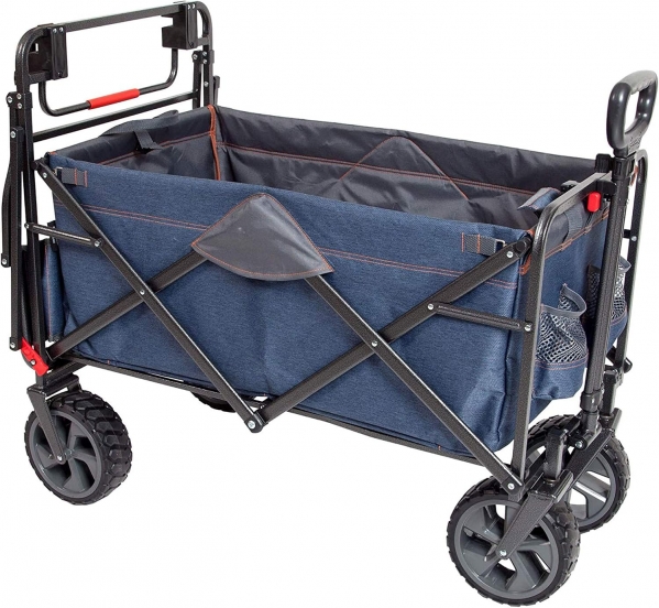 MacSports 300LB Capacity Push Wagon with Wheels, Handle and Basket - Grocery Heavy Duty Wagon for Camping, Shopping, and More - All Terrain Folding Wagon Heavy Duty with Lightweight Design Denim Blue