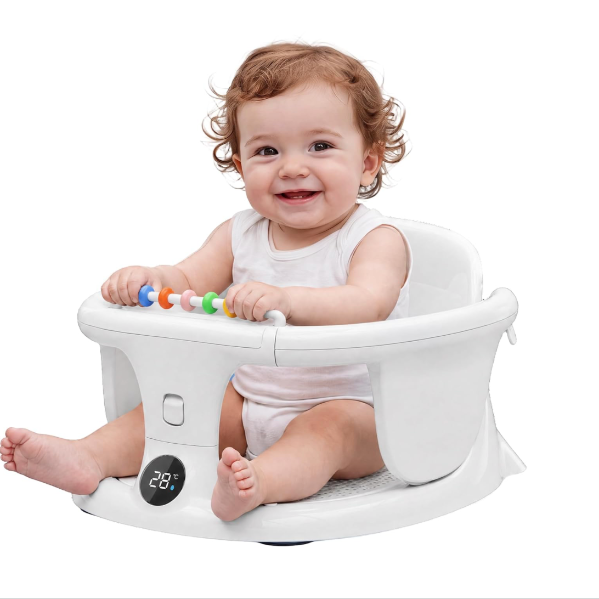 Baby Bath Seat for Babies Sitting Up, Baby Bath Chair with Temperature Sensor & Toys, Infant Bath Seat for Babies 6 Months & Up, Baby Bathtub Seat with Rinse Cup & Soft Silicone Bath Brush