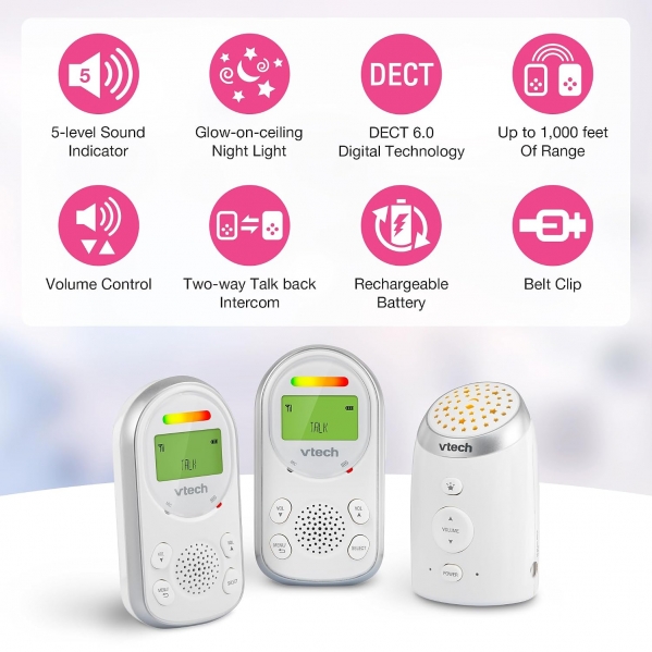 VTech 2 Parent Units Digital Audio Baby Monitor with Glow-on-Ceiling Night Light, Up to 1,000ft of Range, Vibrating Sound-Alert, Two-Way Talk Intercom, Sound Indicator, Secure Transmission: TM8212-2