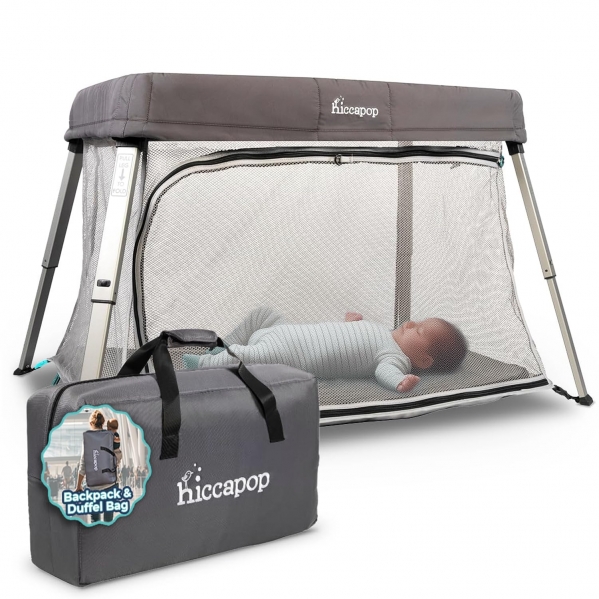 Hiccapop TravelPod Portable Crib for Baby, Lightweight, Foldable Travel Crib for Baby and Toddlers with Zippered Door, Waterproof Base & Carry Bag