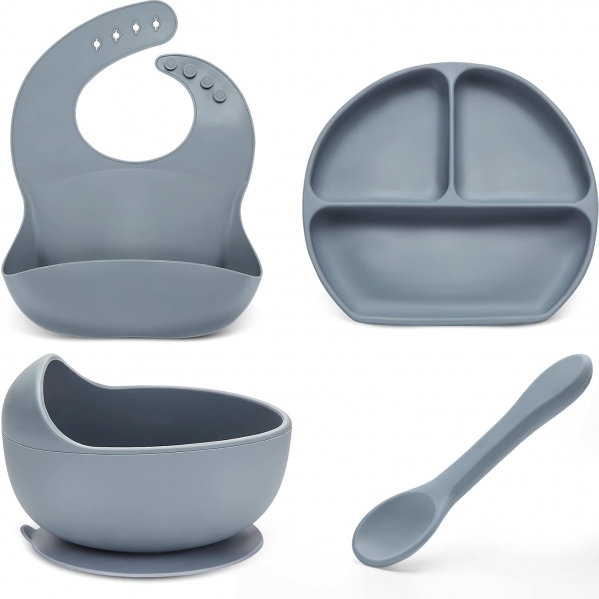 Baby Weaning Feeding Supplies for Toddlers Baby Feeding Utensils Set Silicone Suction Plate Baby Silicone Suction Bowl with Spoon and Bib for Weaning Babies, Dishwasher Safe Infant Food Plate Kit
