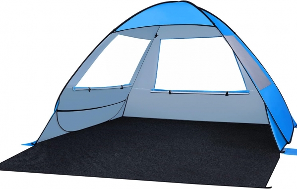 Beach Tent Pop up Shade: UPF 50+ Large Sun Shelter for 3-4 Person Portable Cabana Sunshade Instant Easy Setup UV Protection Tents Umbrella with Extended Floor Foldable & Windproof Dark Blue Large - Extra Long Mat
