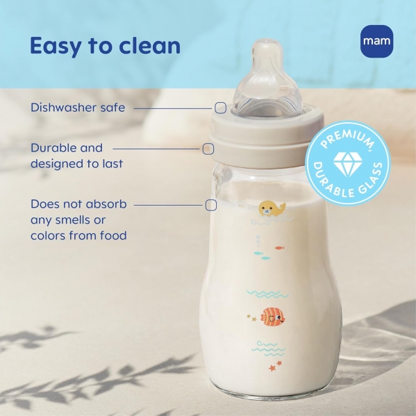 MAM 6oz Feel Good Pure Glass Anti-Colic Wide Neck Baby Bottle, Slow Flow Skin Soft Silicone Nipple, Easy To Clean, BPA Free, 0+ Months, Easy Switch Between Breast & Bottle, Made In Europe, 3 Pack, Boy 6oz 3 Count (Pack of 1) Blue Teal