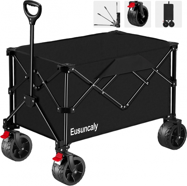 200L Collapsible Folding Wagon,Max 350LBS Heavy Duty Beach Wagon Cart with Big All-Terrain Wheels,Outdoor Utility Wagon for Sports,Fishing,Groceries,Camping,Garden Black