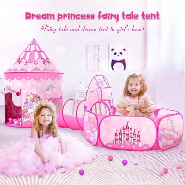 3PC Princess Tent for Girls with Kids Ball Pit and Crawl Tunnel for Toddlers, Pink Pop Up Playhouse Toys Indoor& Outdoor for Birthday Gifts pink princess 3pc