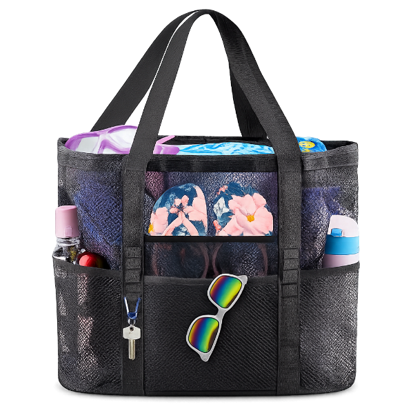 GOTDYA Extra Large Beach Bag, XL Mesh Tote with Zipper and Pockets Ideal for Your Family Beach Trip X-Large Black