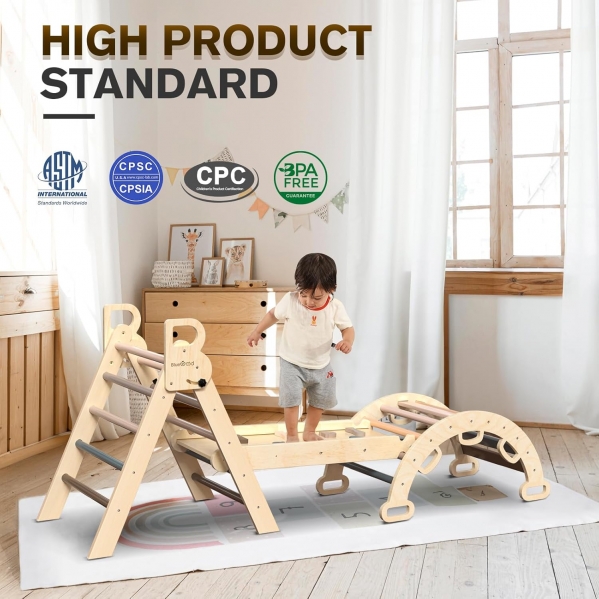 BlueWood Pikler Triangle Set 7in1 Foldable Baby Climbing Toys Wooden Montessori Climbing Set with Arch&Ramp&Ladder Baby Climber Indoor Jungle Gyms for Toddlers Montessori Toys - Mauve Pink