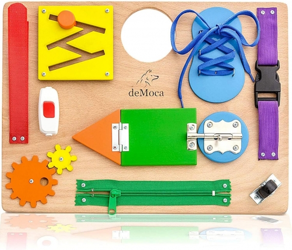 deMoca Busy Board for Toddlers, Montessori Toy for 3 Year Old with 10 Educational Toddler Activities to Develop Fine Motor Skills, Learning Wooden Travel Toy for Plane and Car Journey Multicolored