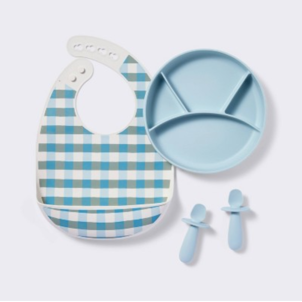 Silicone Baby Feeding Set|Baby Led Weaning Supplies Set|Suction Baby Plate Bowl Set with Bib Spoon Fork Sippy Cup|Baby Feeding Eating Supplies Set BPA Free Dusty Blue