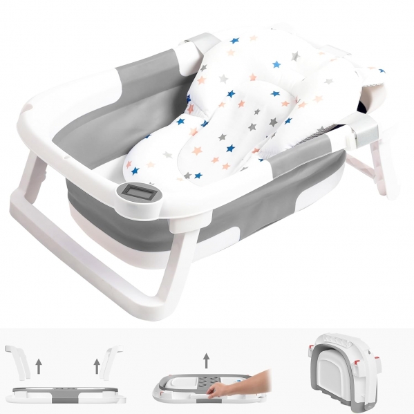Collapsible Baby Bathtub for Infants to Toddler, Portable Travel Baby Bath Tub with Drain Hole, Baby Folding Bathtub for Newborn 0-36 Month,Grey Gray