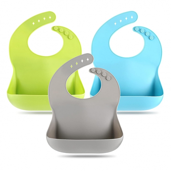 Silicone Bibs for Babies & Toddlers Set of 3, Silicone Baby Bibs for Boy and Girl, Adjustable Soft Waterproof Bibs