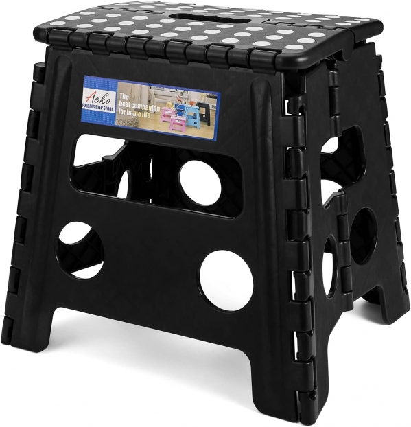 ACKO Folding Step Stool 13 inch Heavy Duty Plastic Foldable Step Stool for Kids and Adults, Small Collapsible Fold Up Stepping Stool 1 Pack Black 13 Inch