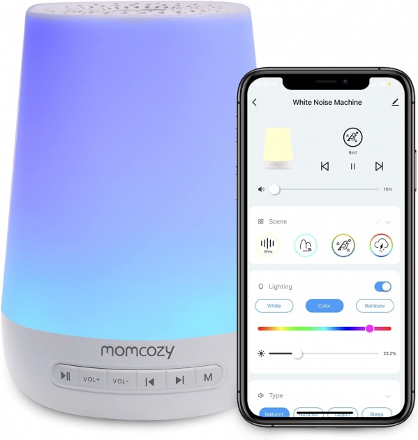 Baby Sound Machine, Momcozy White Noise Machine for Baby Sleeping with Night Light, Toddler Sleep Trainer with 34 Soothing Sounds, Timer, App Remote Control, Personal Sleep Routine (Blue)