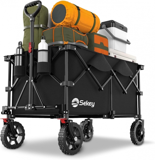 Sekey 220L Collapsible Foldable Wagon with 330lbs Weight Capacity, Heavy Duty Folding Wagon Cart with Big All-Terrain Wheels & Drink Holders (Black)
