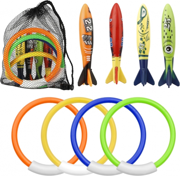 8 Packs Pool Toys, Pool Toys for Kids Ages 4-6-8-10-12, Shark Underwater Training Pool Diving Rings Swimming Pool Toys with Dive Rings Torpedo for Kids Gifts Toddler Summer Swim Water Fun Pool Games Multicolored