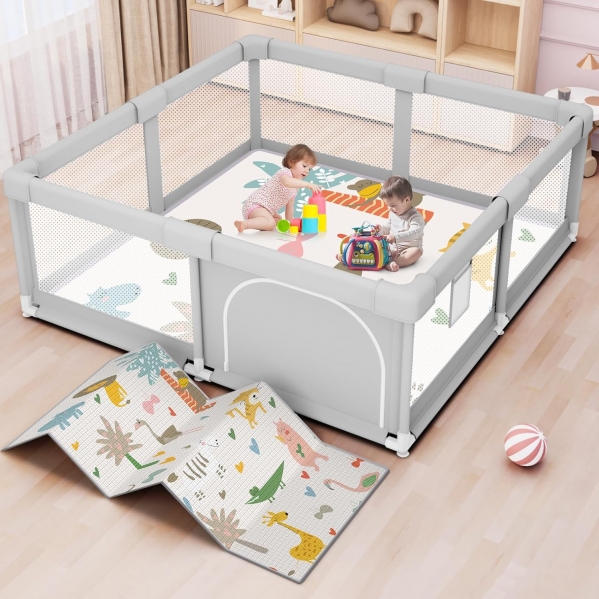 Baby Playpen with Mat 50x50 Inch, Playpen for Babies and Toddlers with Gate, Baby Fence Sturdy Safety Playpen, Indoor & Outdoor Kids Activity Center With Mat 50*50IN+MAT