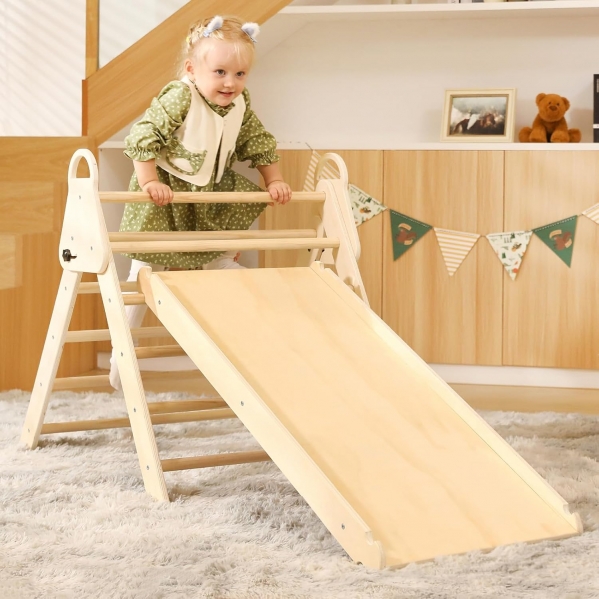 3 in 1 Handled Pikler Triangle Set with 41in Slide & Ramp, Foldable Montessori Climbing Set, Wooden Climbing Toy for Toddler Indoor Baby Climbing Gym 3 in 1 Pikler Triangle Set