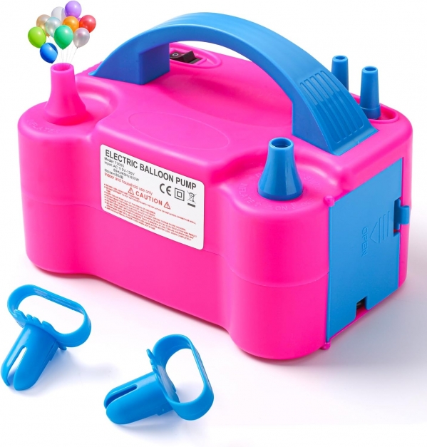 Voircoloria Balloon Pump Electric, Portable Automatic Dual Nozzle Inflator 110V 600W with Tying Tools for Birthday Gender Reveal Baby Shower Balloons Party Decorations Rose Red