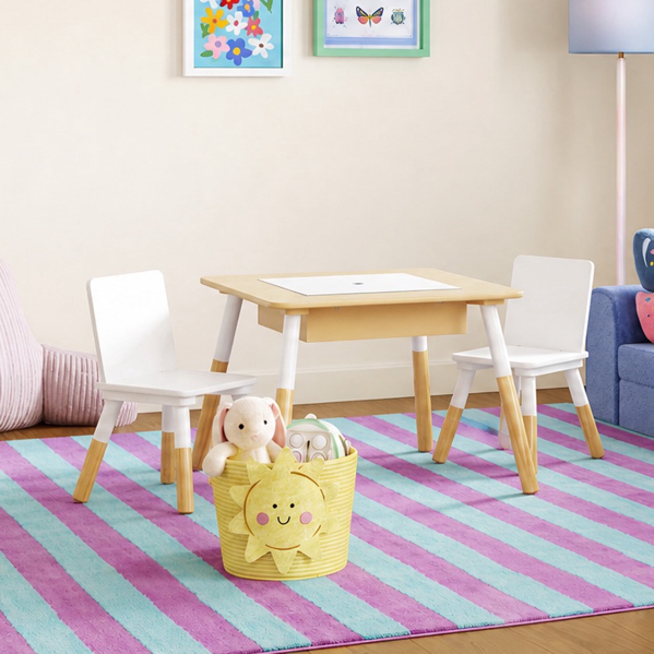 FUNLIO Kids Table and 2 Chairs Set, Height Adjustable Toddler Table and Chair Set for Ages 3-8, Easy to Wipe Arts & Crafts Table, for Classrooms/Daycares/Homes, CPC & CE Approved (3pcs Set) - Natural