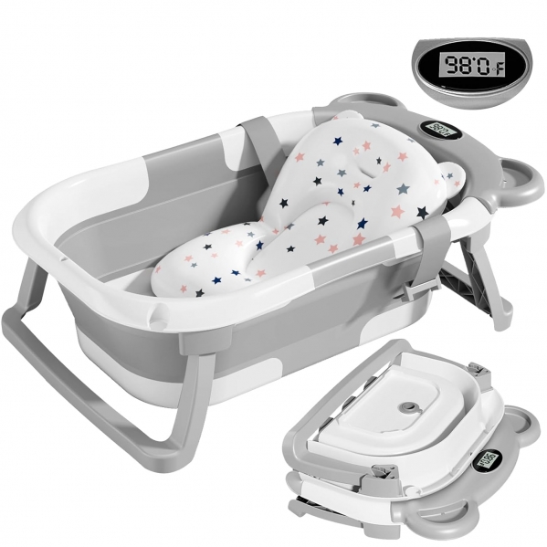 TPN Collapsible Baby Bathtub for Infants to Toddler with Real-time Temp Monitor+Floating Cushion,Foldable Baby Bath Tub Set Applicable 0-36 Month,Perfect Portable Travel Baby Tub for Newborns Boy Gray