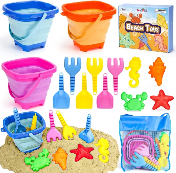 Dreamon Beach Toys for Kids 3-10, Collapsible Sand Castle Toys for Beach Include 3 Pack Foldable Buckets, Shovels Molds and Storage Mash Bag, Sandbox Travel Toys for Toddlers Kids