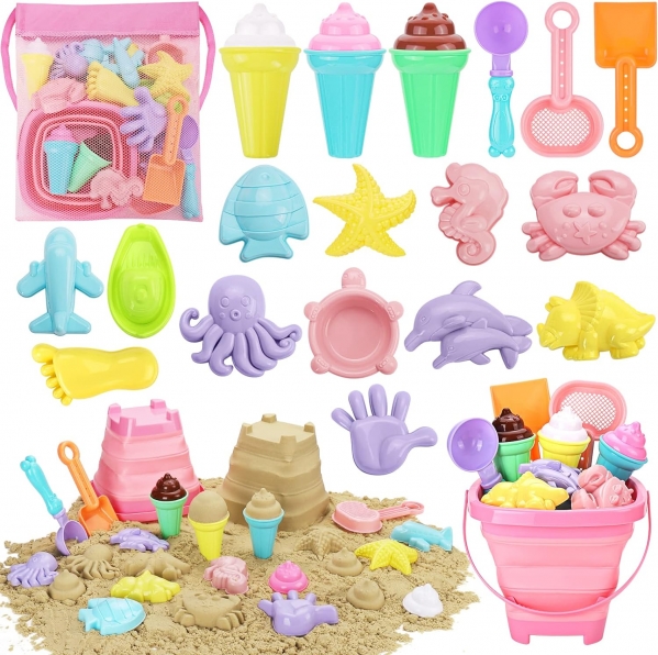 REZUCREY Beach Toys, Ice Cream Sand Toys for Toddlers, Collapsible Sand Bucket and Shovels Kids Beach Toys with Bag Sandbox Toys for Toddlers Travel Beach Toys for Boys Baby Girls Age 3 4 5 6 7 8+
