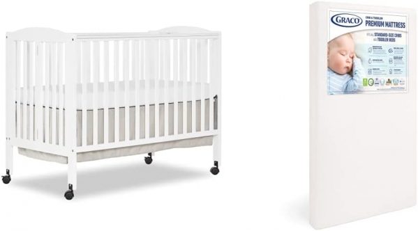 Dream On Me, Full Size 2-in-1 Folding Stationary Side Crib & Graco Premium Foam Crib & Toddler Mattress – GREENGUARD Gold Certified, CertiPUR-US Certified Foam, Machine Washable White Crib + Crib & Toddler Mattress 52x27x5"