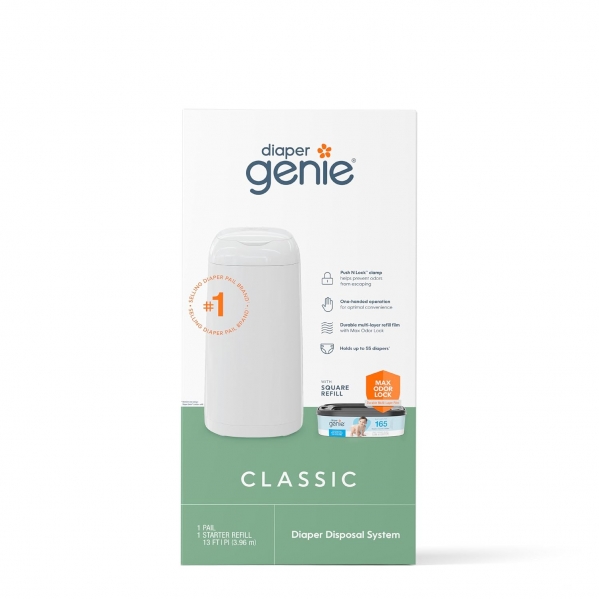 Diaper Genie Classic Pail Includes 1 Starter Square Refill That can Hold up to 165 Newborn-Sized Diapers.